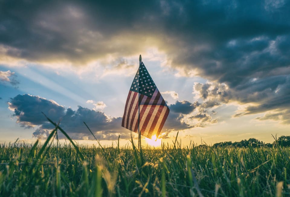 An American flag in tall grass at sunset.